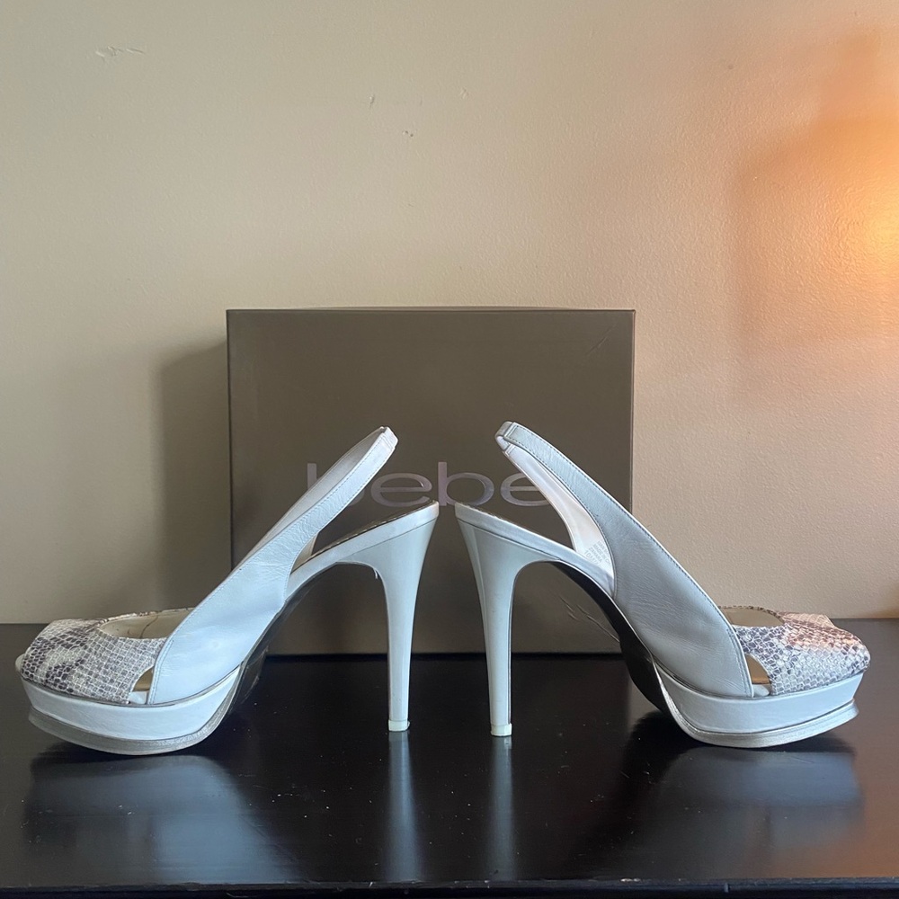 Bebe Zahara Snake-white size 10 peep toe, sling back heel. 4.5”heel 1”platform.